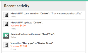 Recent activity feed, on web.
