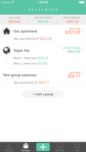 The groups tab shows your recent groups and outstanding balances, as well as non-group expenses.